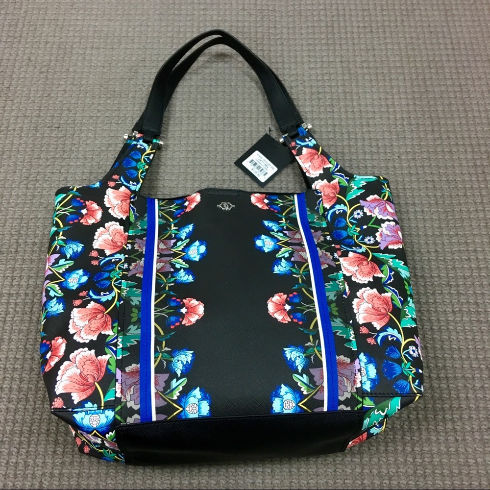 New Nanette Lepore Damask Floral Tote bag vivid floral pattern on black